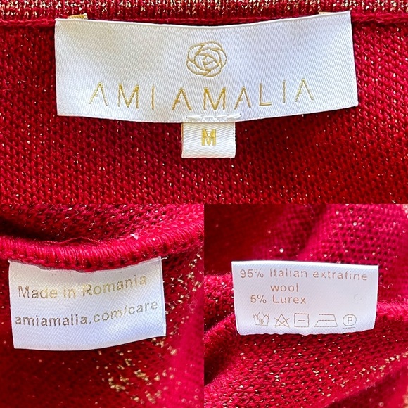 Ami Amalia Peonies In Bloom Cardigan Merino Wool Red Gold Medium EUC - Picture 4 of 6